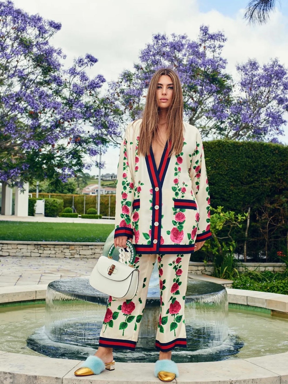 Gucci Cream Rose Floral Web Trim Silk Oversized Kimono Cardigan - US 10 (IT 46)